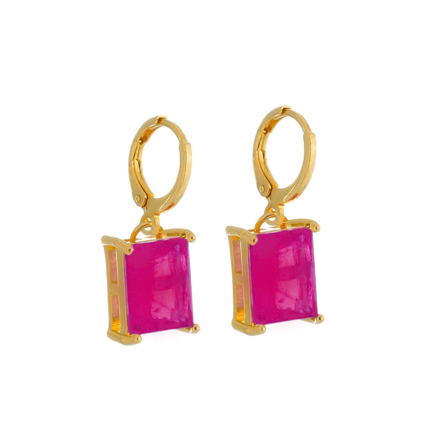 Brinco Dourado Argolinha Pedra Retangular Rosa - Delicatti