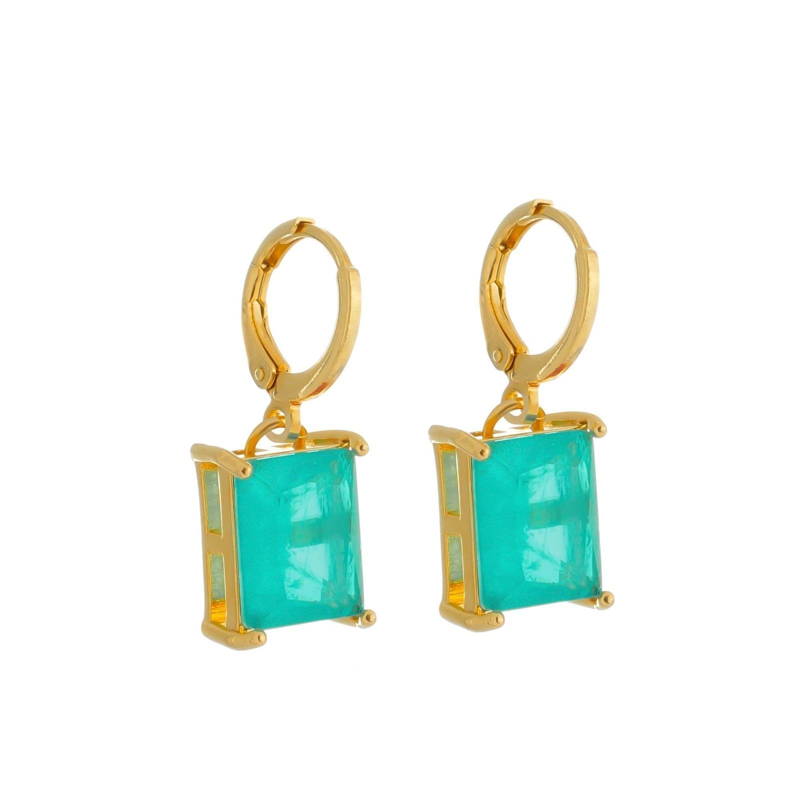 Brinco Dourado Argolinha Pedra Retangular Verde - Delicatti