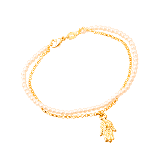 Pulseira Dourada Dupla de Elo Português e Pérolas com Pingente - Delicatti