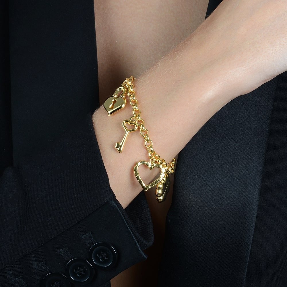 Pulseira Dourada Elo Português com Coração, Cadeado, Trevo e Chave - Delicatti