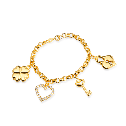 Pulseira Dourada Elo Português com Coração, Cadeado, Trevo e Chave - Delicatti