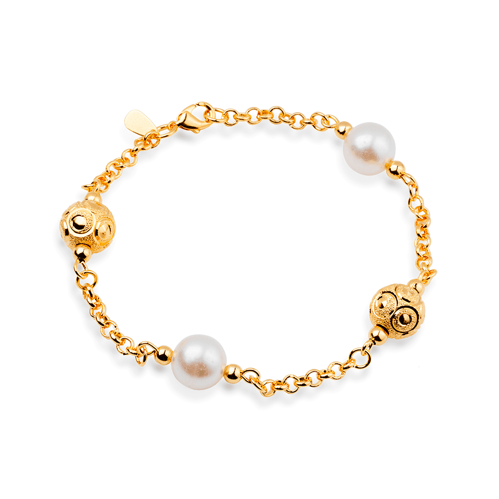 Pulseira Dourada Elo Português com Pérolas e Esferas Vazadas - Delicatti