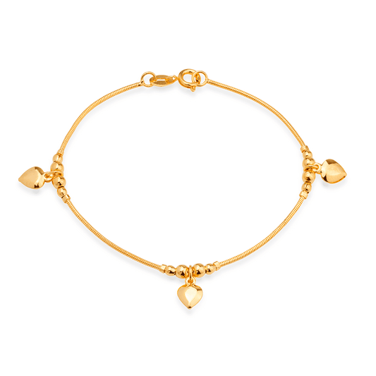 Pulseira Dourada Lisa com 3 Pingentes de Coração - Delicatti