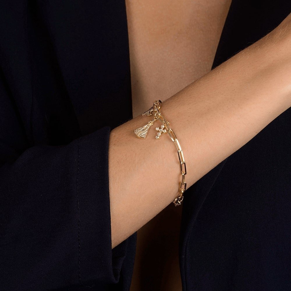 Pulseira Dourada Religiosa Nossa Senhora, Espírito Santo e Cruz Cravejada de Zircônia - Delicatti