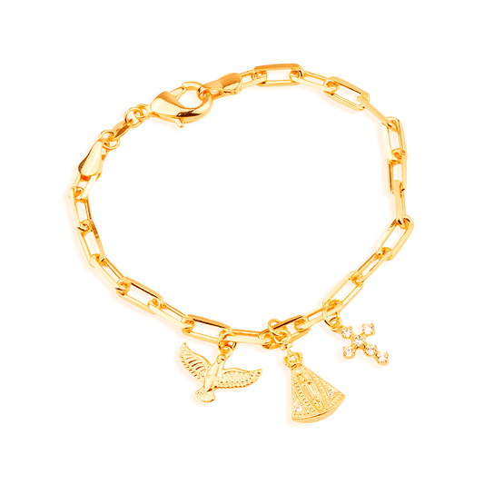 Pulseira Dourada Religiosa Nossa Senhora, Espírito Santo e Cruz Cravejada de Zircônia - Delicatti